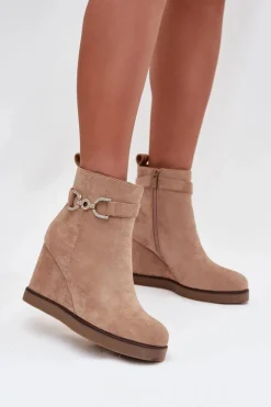 Boto Botki Damskie Na Koturnie Z Ozdobnym Detalem Beżowe Marivana Beżowy
