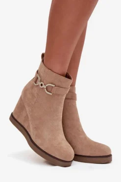 Boto Botki Damskie Na Koturnie Z Ozdobnym Detalem Beżowe Marivana Beżowy