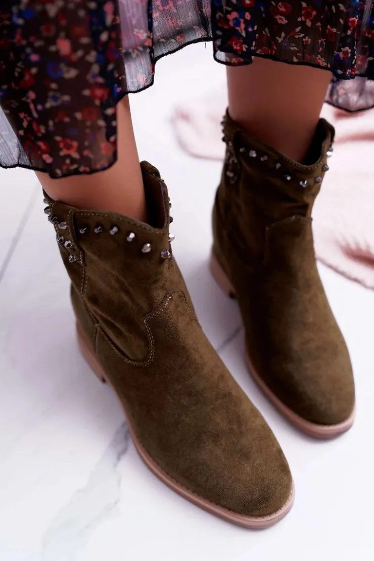 Clearance Boto Botki Damskie Na Koturnie Płaski Obcas Ocieplane Za Kostkę Oliwkowe Deminis