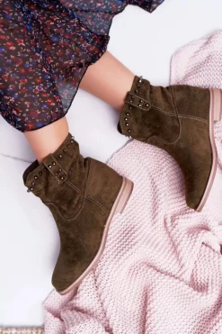 Clearance Boto Botki Damskie Na Koturnie Płaski Obcas Ocieplane Za Kostkę Oliwkowe Deminis