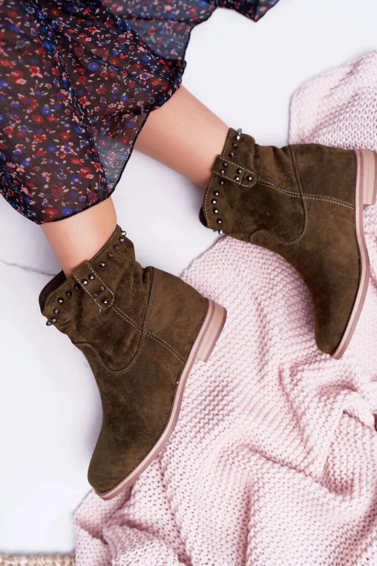 Clearance Boto Botki Damskie Na Koturnie Płaski Obcas Ocieplane Za Kostkę Oliwkowe Deminis