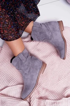 Boto Botki Damskie Na Koturnie Płaski Obcas Ocieplane Za Kostkę Szare Demini