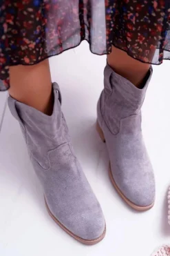 Boto Botki Damskie Na Koturnie Płaski Obcas Ocieplane Za Kostkę Szare Demini