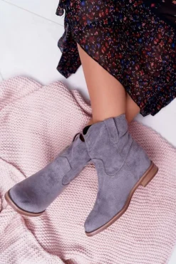 Boto Botki Damskie Na Koturnie Płaski Obcas Ocieplane Za Kostkę Szare Demini