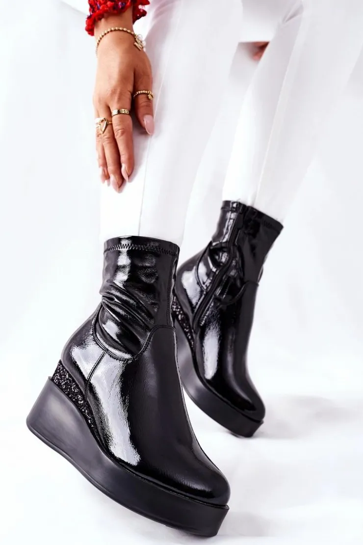 Damskie Damskie buty S.Barski Botki Damskie Na Koturnie Lakierowane Czarne Therapie