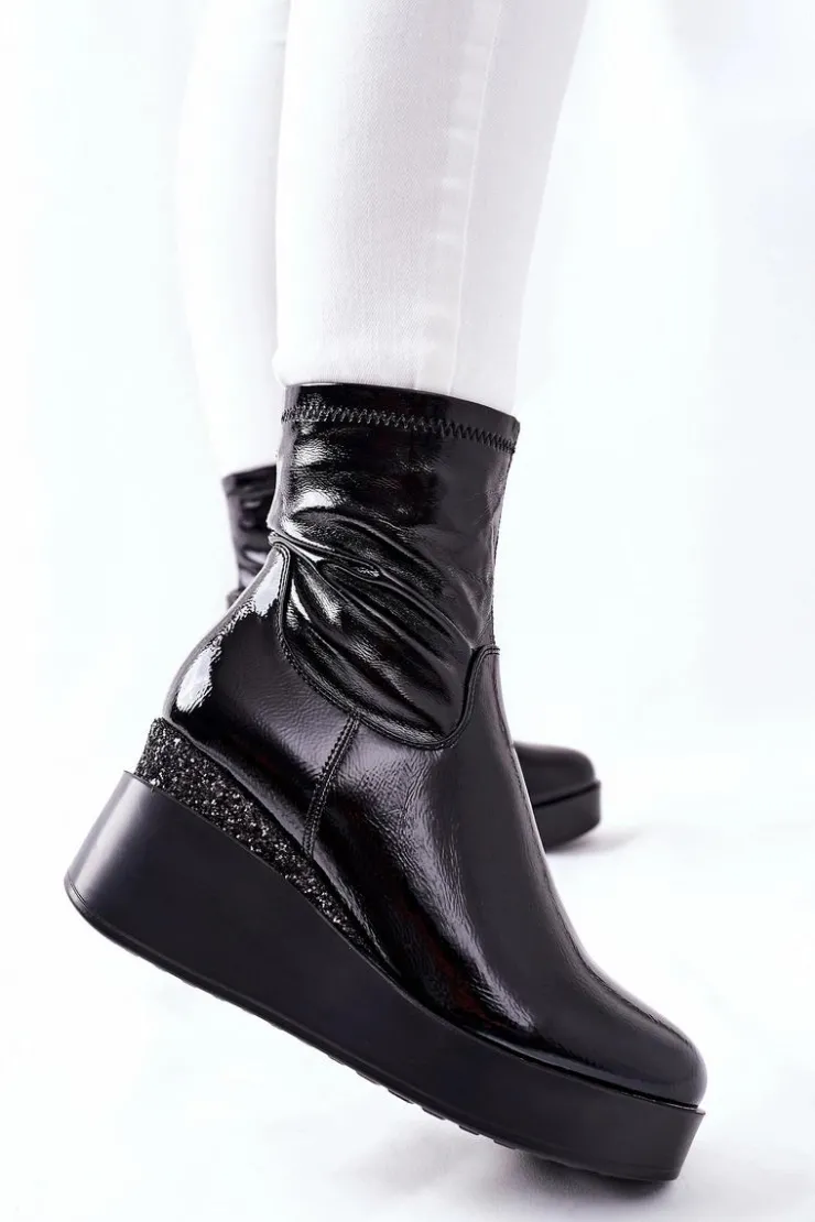 Damskie Damskie buty S.Barski Botki Damskie Na Koturnie Lakierowane Czarne Therapie