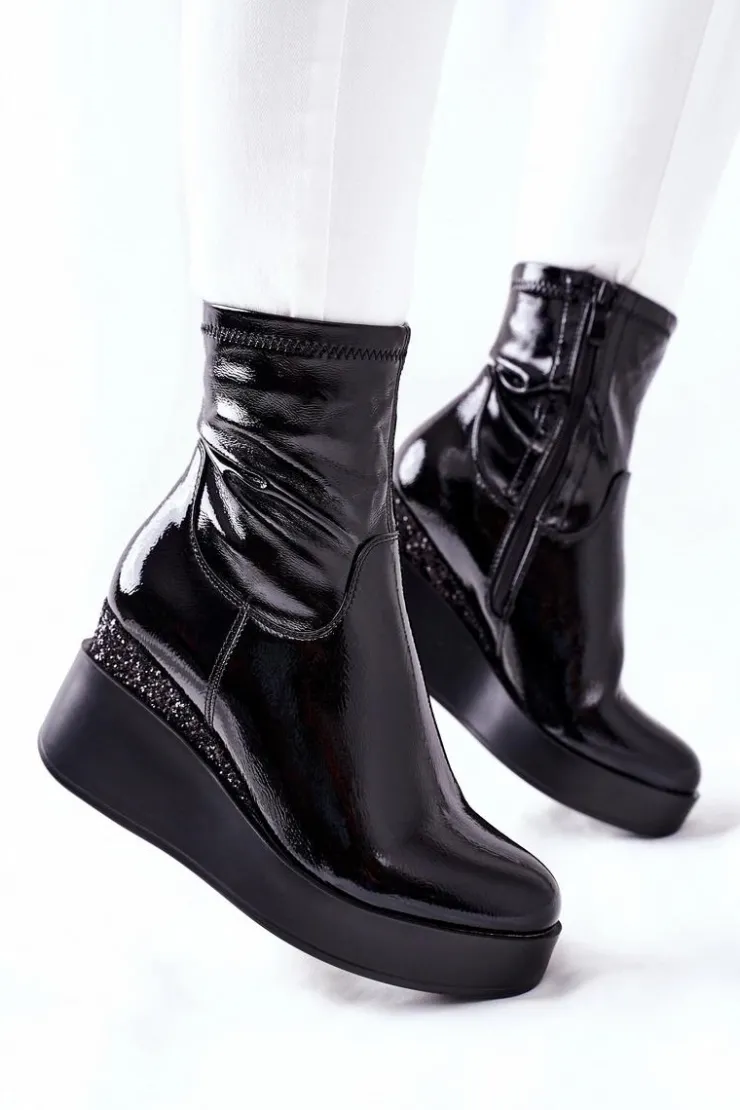 Damskie Damskie buty S.Barski Botki Damskie Na Koturnie Lakierowane Czarne Therapie