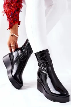 Damskie Damskie buty S.Barski Botki Damskie Na Koturnie Lakierowane Czarne Therapie