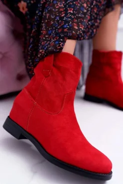 Boto Botki Na Koturnie|Botki Zimowe Damskie*Botki Damskie Na Koturnie Płaski Obcas Ocieplane Za Kostkę Czerwone Demini