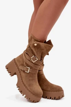 Outlet Boto Botki Damskie Na Masywnym Obcasie Z Klamrami I Paskiem Khaki Nerelisa Beżowy