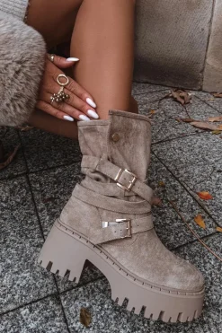 Damskie Boto Botki Damskie Na Masywnym Obcasie Z Klamrami I Paskiem Beżowe Nerelisa