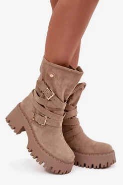 Damskie Boto Botki Damskie Na Masywnym Obcasie Z Klamrami I Paskiem Beżowe Nerelisa