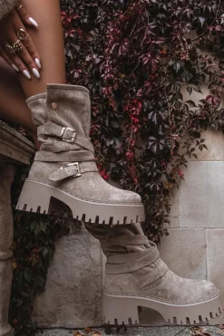 Damskie Boto Botki Damskie Na Masywnym Obcasie Z Klamrami I Paskiem Beżowe Nerelisa