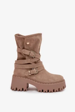 Damskie Boto Botki Damskie Na Masywnym Obcasie Z Klamrami I Paskiem Beżowe Nerelisa