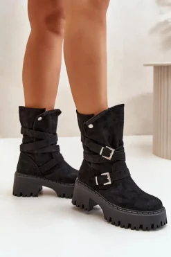 Sale Boto Botki Damskie Na Masywnym Obcasie Z Klamrami I Paskiem Czarne Nerelisa Czarny