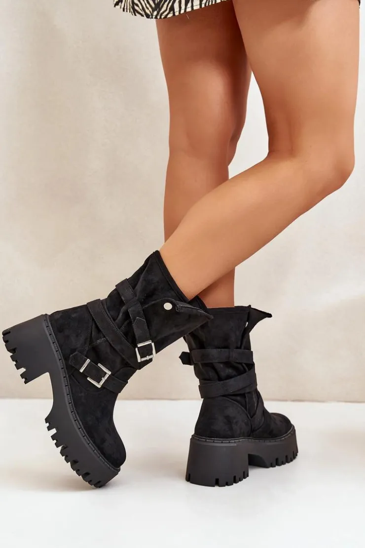 Sale Boto Botki Damskie Na Masywnym Obcasie Z Klamrami I Paskiem Czarne Nerelisa Czarny