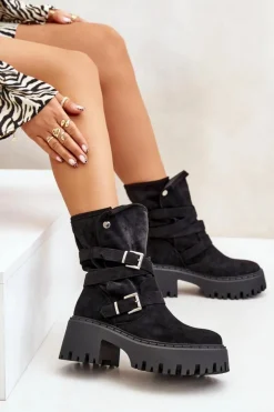 Sale Boto Botki Damskie Na Masywnym Obcasie Z Klamrami I Paskiem Czarne Nerelisa Czarny