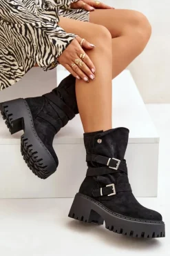 Sale Boto Botki Damskie Na Masywnym Obcasie Z Klamrami I Paskiem Czarne Nerelisa Czarny