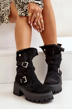 Sale Boto Botki Damskie Na Masywnym Obcasie Z Klamrami I Paskiem Czarne Nerelisa Czarny