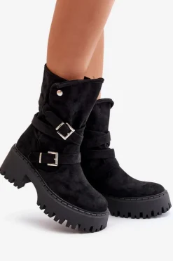 Sale Boto Botki Damskie Na Masywnym Obcasie Z Klamrami I Paskiem Czarne Nerelisa Czarny