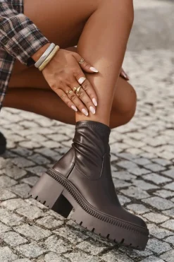 Boto Botki Damskie Na Masywnym Obcasie I Platformie Eko Skórzane Brązowe Elvianne