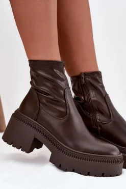 Boto Botki Damskie Na Masywnym Obcasie I Platformie Eko Skórzane Brązowe Elvianne