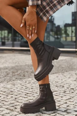 Boto Botki Damskie Na Masywnym Obcasie I Platformie Eko Skórzane Brązowe Elvianne