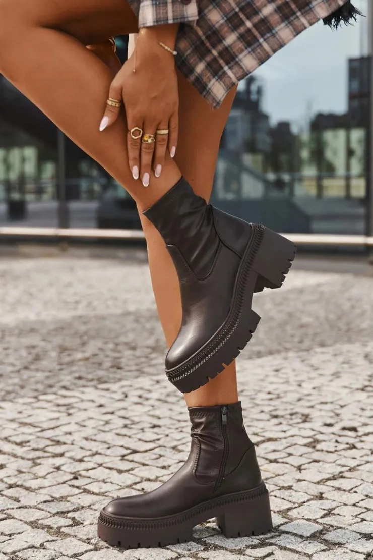 Boto Botki Damskie Na Masywnym Obcasie I Platformie Eko Skórzane Brązowe Elvianne