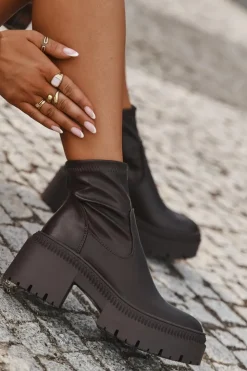 Boto Botki Damskie Na Masywnym Obcasie I Platformie Eko Skórzane Brązowe Elvianne