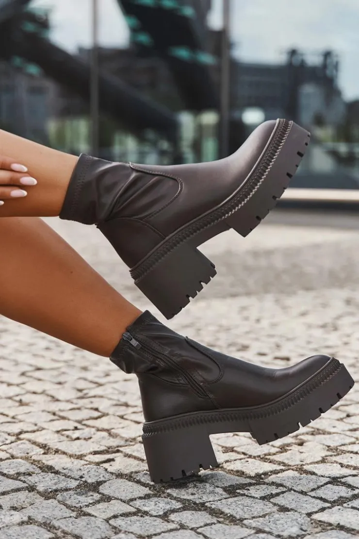 Boto Botki Damskie Na Masywnym Obcasie I Platformie Eko Skórzane Brązowe Elvianne