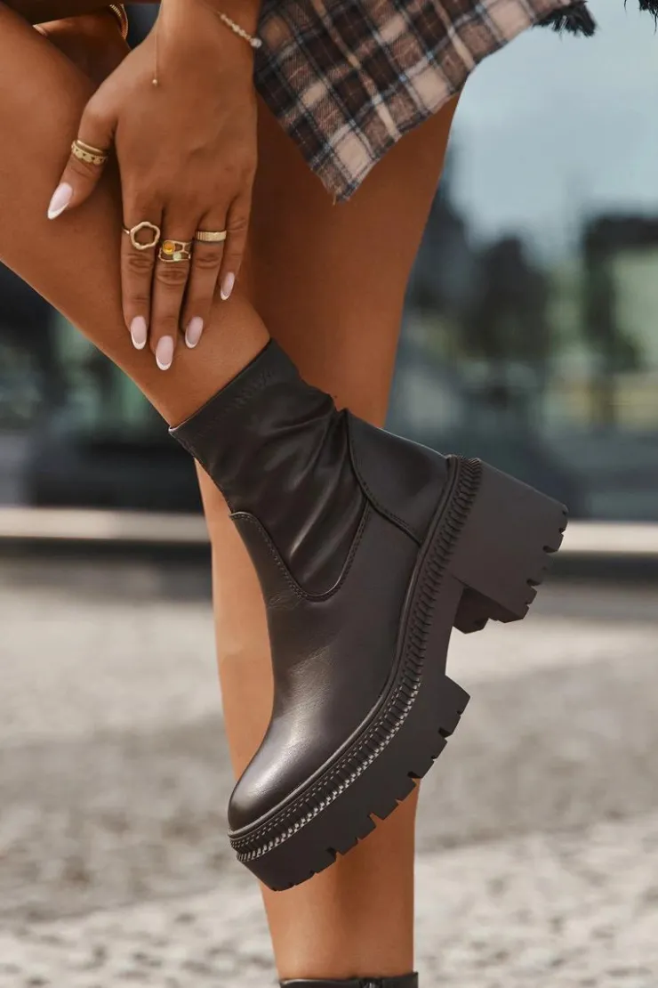 Boto Botki Damskie Na Masywnym Obcasie I Platformie Eko Skórzane Brązowe Elvianne