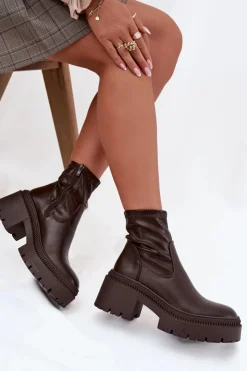 Boto Botki Damskie Na Masywnym Obcasie I Platformie Eko Skórzane Brązowe Elvianne