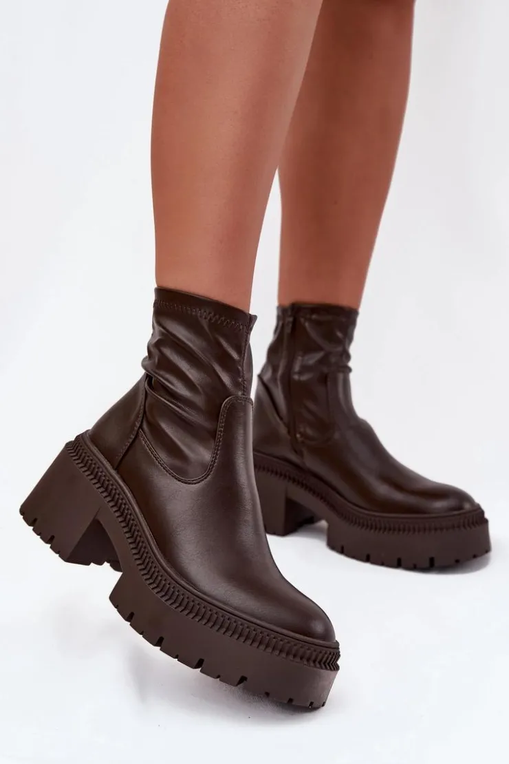 Boto Botki Damskie Na Masywnym Obcasie I Platformie Eko Skórzane Brązowe Elvianne