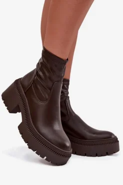 Boto Botki Damskie Na Masywnym Obcasie I Platformie Eko Skórzane Brązowe Elvianne