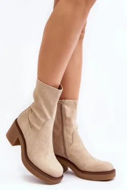 Damskie Buty Sergio Leone Botki Damskie Na Masywnym Obcasie Beżowe Tozanna