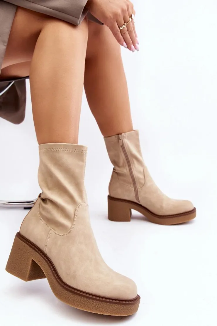 Damskie Buty Sergio Leone Botki Damskie Na Masywnym Obcasie Beżowe Tozanna
