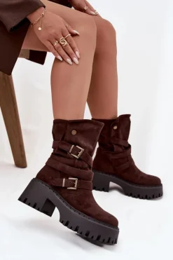 Boto Czarne Botki|Botki Na Obcasie*Botki Damskie Na Masywnym Obcasie Z Klamrami I Paskiem Czekoladowe Nerelisa Brązowy