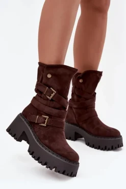 Boto Czarne Botki|Botki Na Obcasie*Botki Damskie Na Masywnym Obcasie Z Klamrami I Paskiem Czekoladowe Nerelisa Brązowy