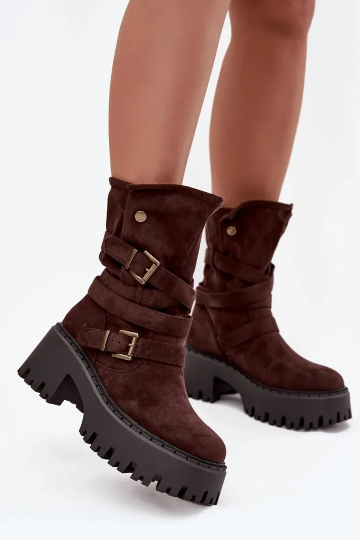 Boto Czarne Botki|Botki Na Obcasie*Botki Damskie Na Masywnym Obcasie Z Klamrami I Paskiem Czekoladowe Nerelisa Brązowy