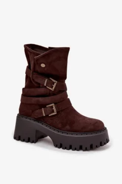 Boto Czarne Botki|Botki Na Obcasie*Botki Damskie Na Masywnym Obcasie Z Klamrami I Paskiem Czekoladowe Nerelisa Brązowy