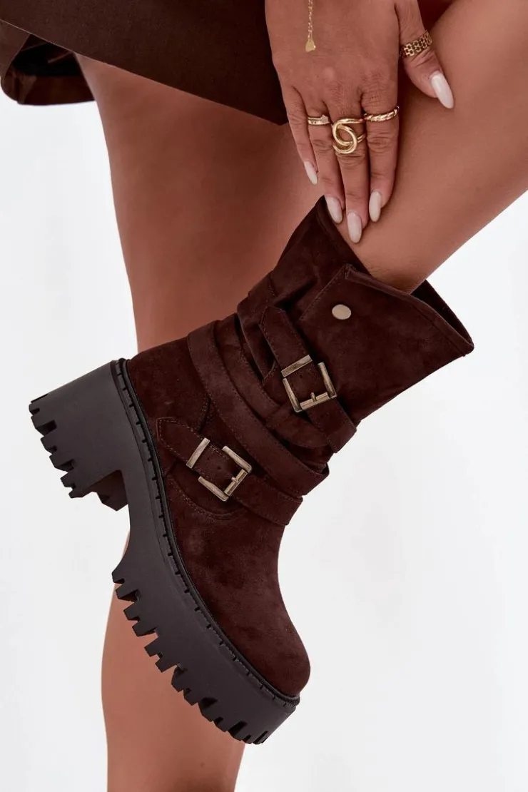 Boto Czarne Botki|Botki Na Obcasie*Botki Damskie Na Masywnym Obcasie Z Klamrami I Paskiem Czekoladowe Nerelisa Brązowy