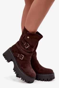 Boto Czarne Botki|Botki Na Obcasie*Botki Damskie Na Masywnym Obcasie Z Klamrami I Paskiem Czekoladowe Nerelisa Brązowy