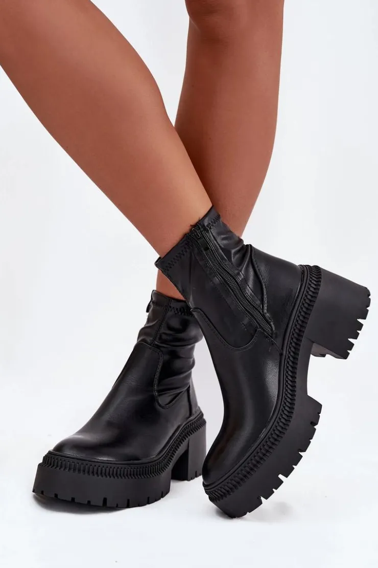 Damskie Boto Botki Damskie Na Masywnym Obcasie I Platformie Eko Skórzane Czarne Elvianne