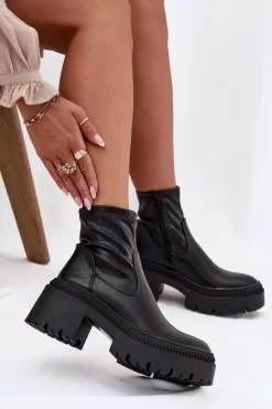 Damskie Boto Botki Damskie Na Masywnym Obcasie I Platformie Eko Skórzane Czarne Elvianne