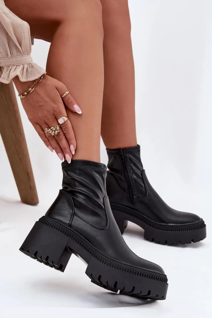 Damskie Boto Botki Damskie Na Masywnym Obcasie I Platformie Eko Skórzane Czarne Elvianne