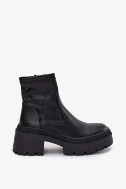 Damskie Boto Botki Damskie Na Masywnym Obcasie I Platformie Eko Skórzane Czarne Elvianne