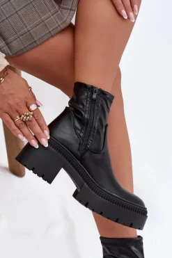 Damskie Boto Botki Damskie Na Masywnym Obcasie I Platformie Eko Skórzane Czarne Elvianne