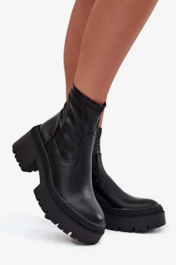 Damskie Boto Botki Damskie Na Masywnym Obcasie I Platformie Eko Skórzane Czarne Elvianne