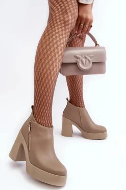 Zazoo Botki Ocieplane|Botki Skórzane*Botki Damskie Na Masywnym Słupku Z Suwakiem 1755 Beżowe