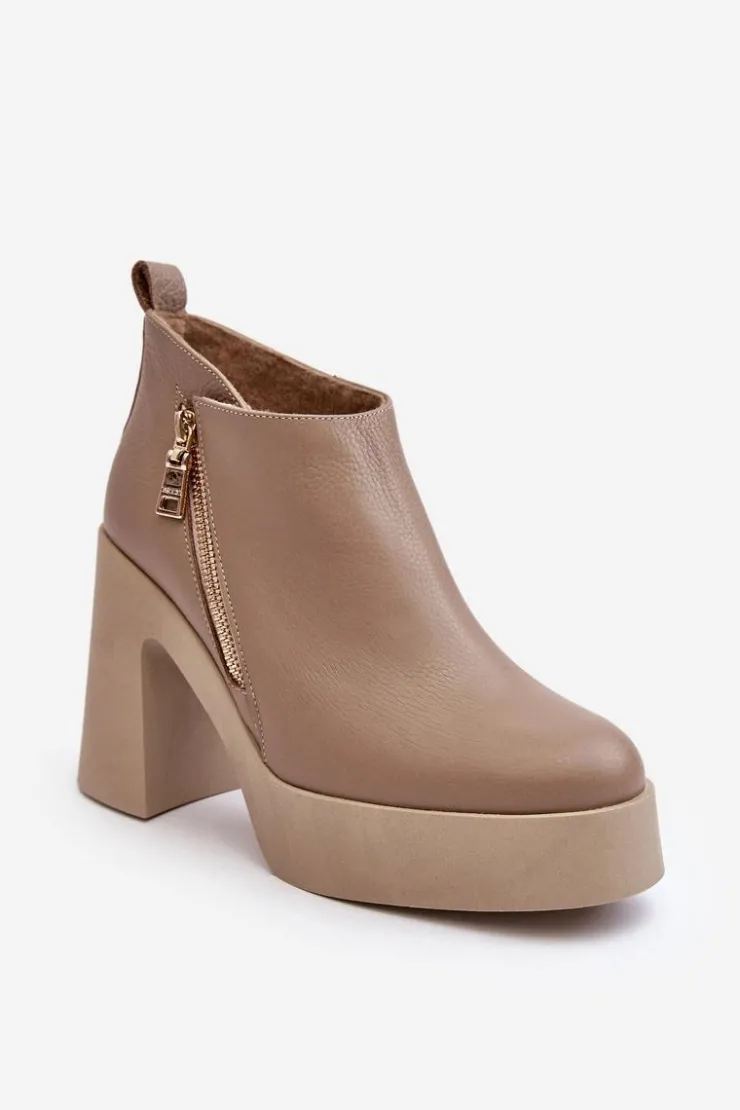 Zazoo Botki Ocieplane|Botki Skórzane*Botki Damskie Na Masywnym Słupku Z Suwakiem 1755 Beżowe